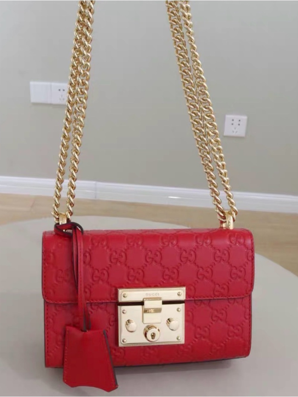 Gucci Red Embossed GG Leather Crossbody with Gold Chain